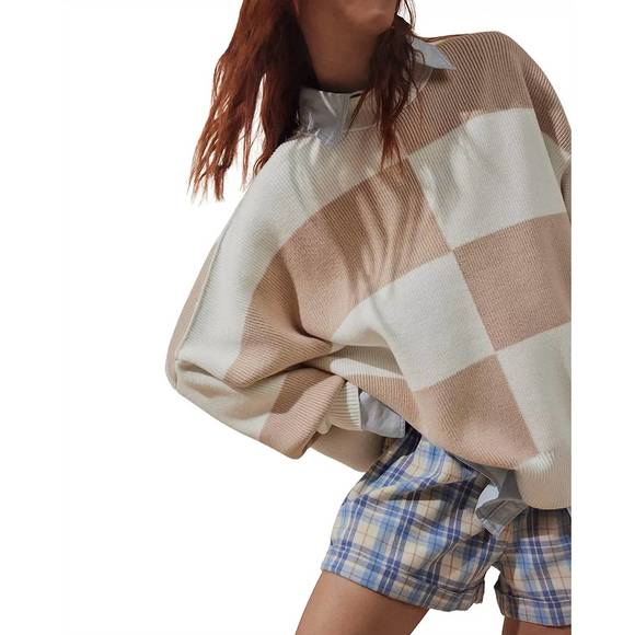 NEW FREE PEOPLE checker easy street sweater in white sand - Picture 2 of 3
